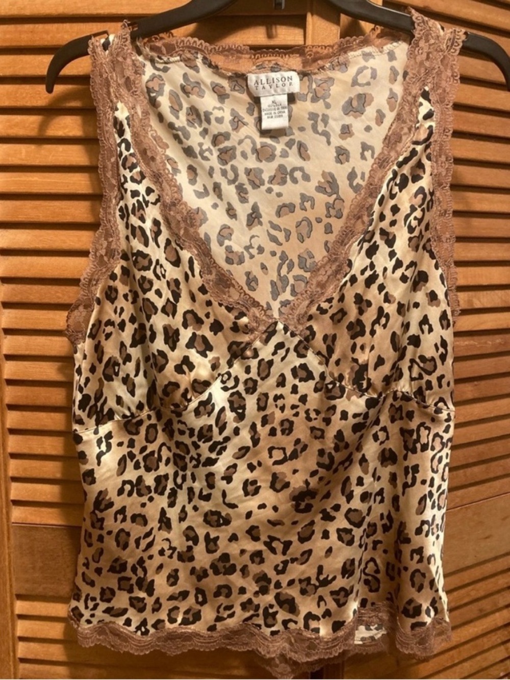 Allison Taylor Black, Tan, & Brown Animal Print Top  with Tan Lace Trim